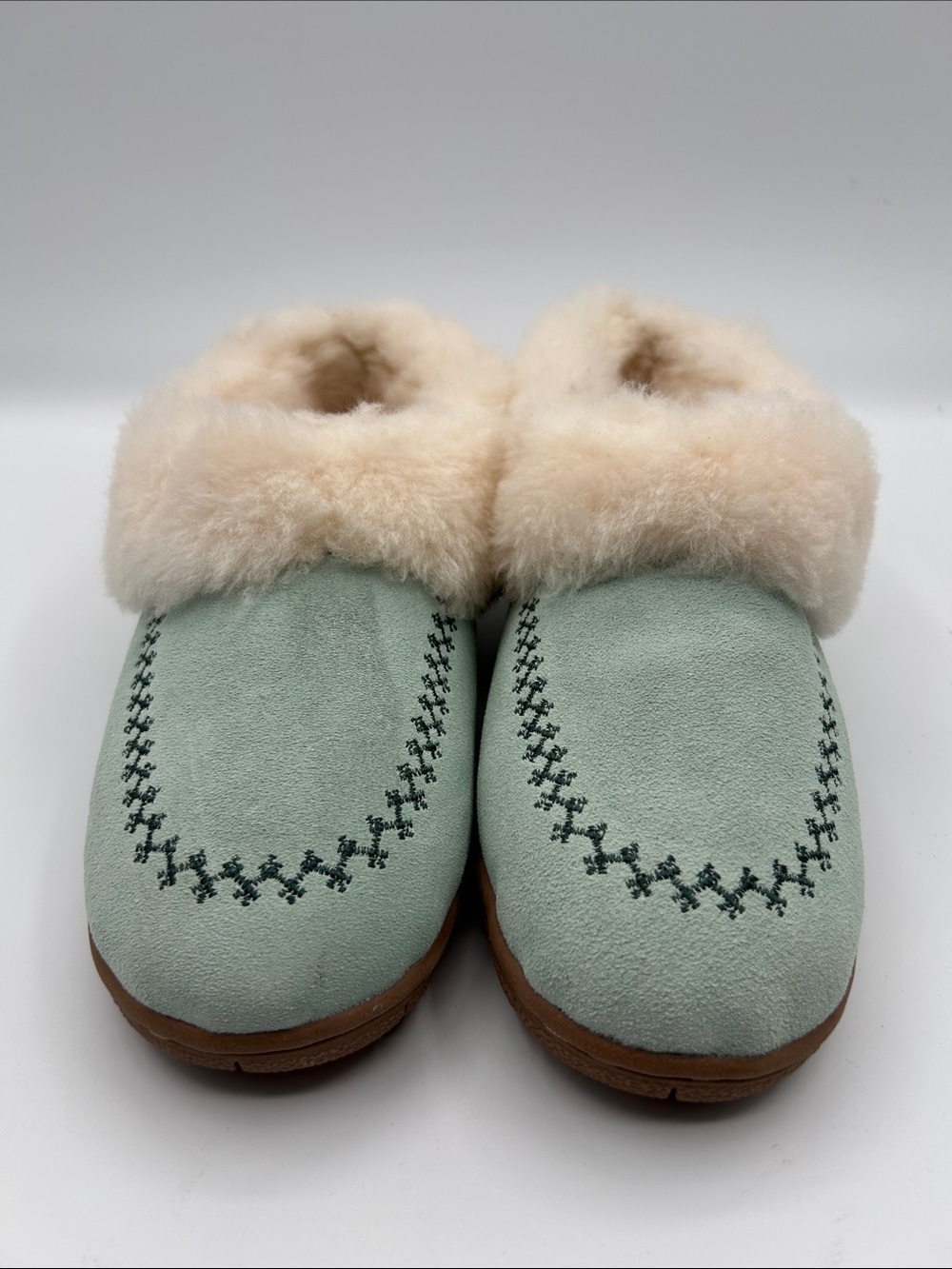 Lands End Mint Green Suede Embroidery Details Moccasin Slip On Shearling Lining - Picture 3 of 14